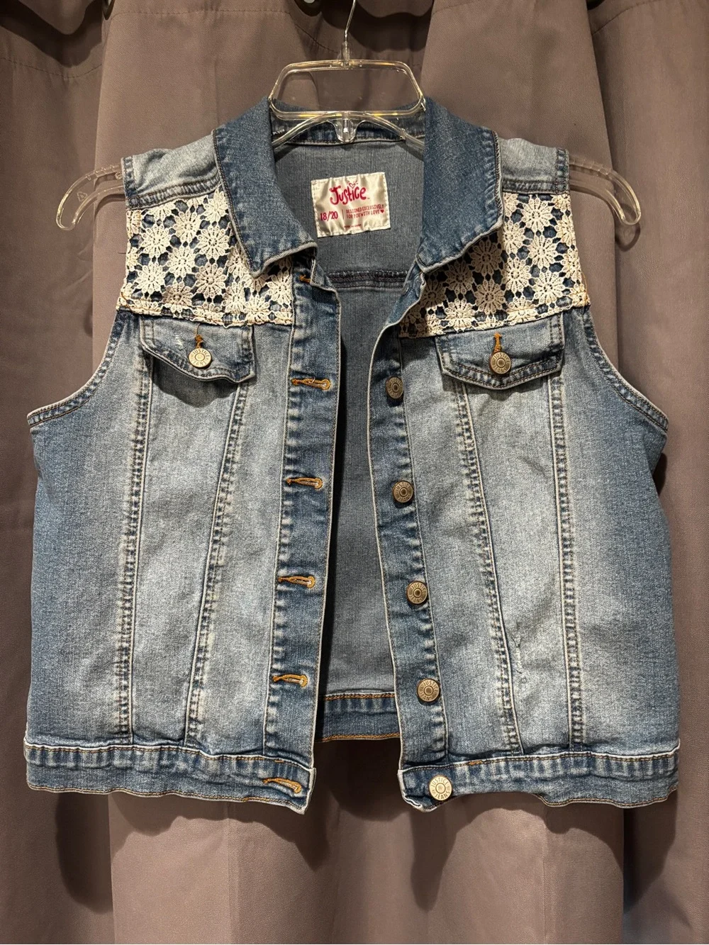 Justice Light Wash Denim Vest with Crochet detail